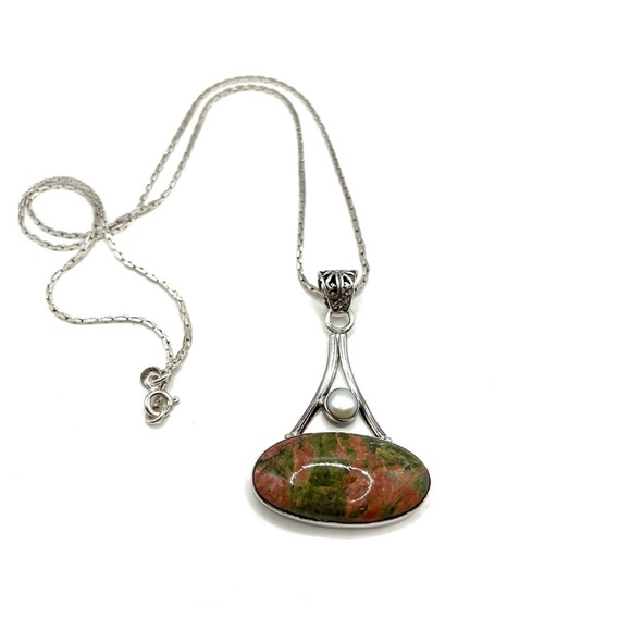Vintage Large Green Orange Unakite Jasper Pearl Sterling Silver Necklace Pendant - Picture 4 of 13